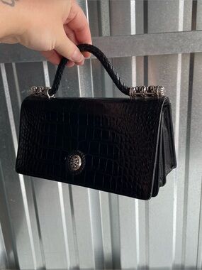 Brighton Vintage Black Croc Embossed Leather Top Handle Handbag Accordion Purse